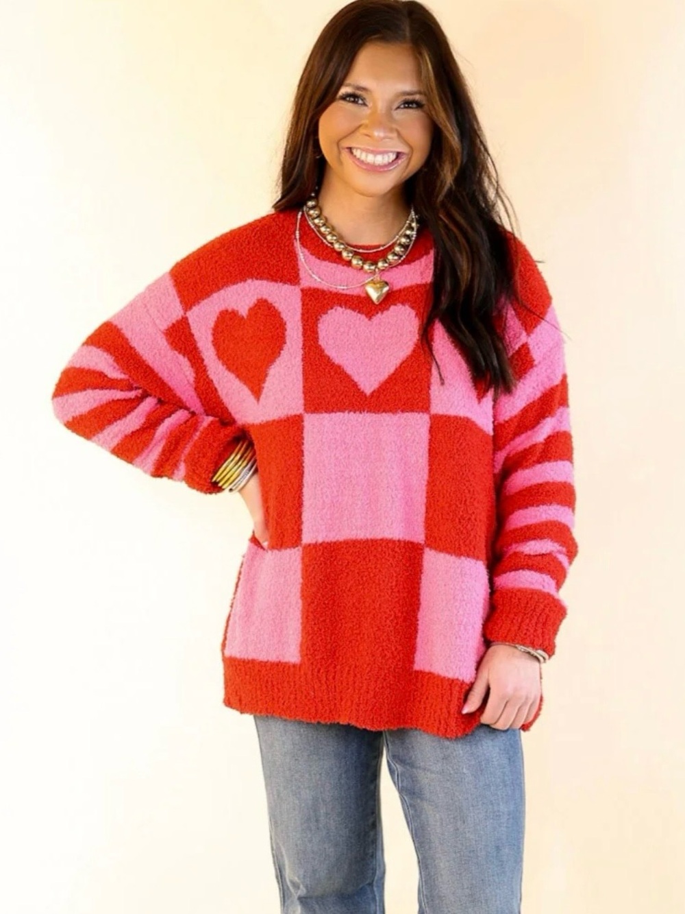 Pink Lily Red & Pink Heart-Check Pullover Sweater